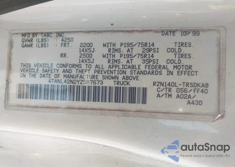 2000 Toyota Tacoma from USA, damaged, VIN 4TANL42N2YZ587673